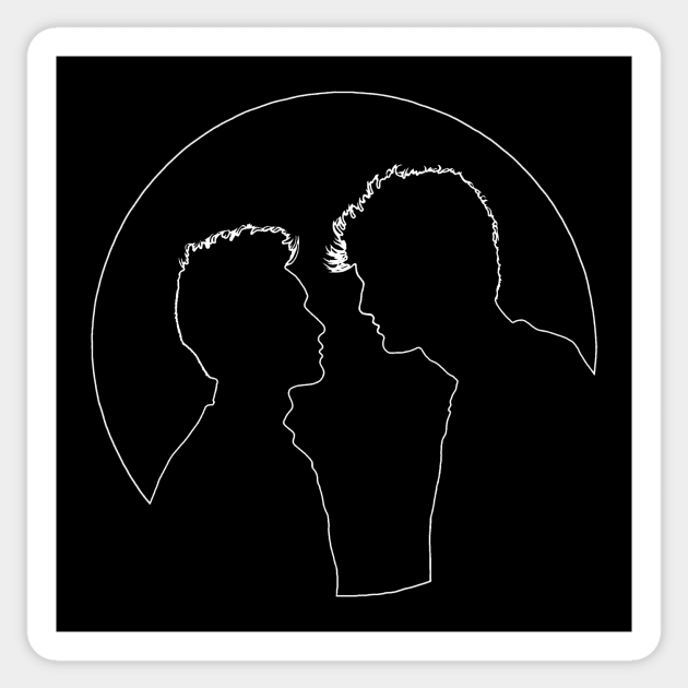 Malec silhouettes and full moon (white outline) - Alec Lightwood and Magnus Bane / Matthew Daddario and Harry Shum Jr. - Shadowhunters / The mortal instruments T-Shirt Sticker by Vane22april